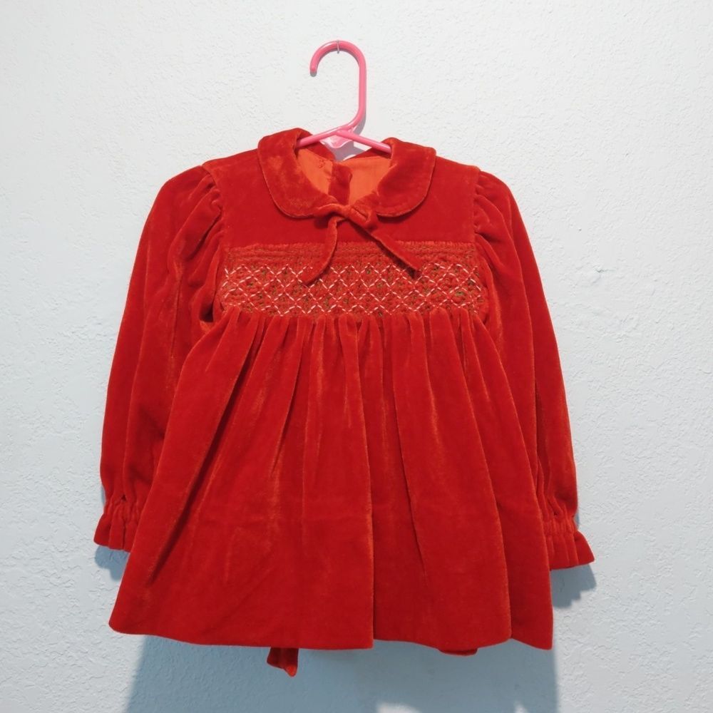 True Vintage Red Velvet Smocked Long Sleeve Dress 24" Around Chest